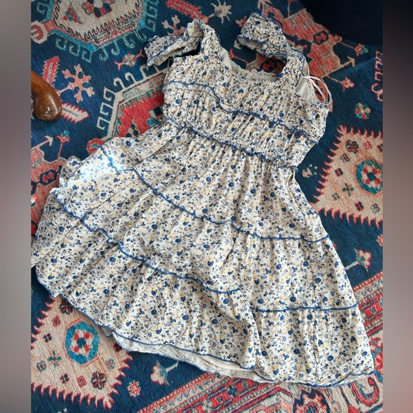 NWOT Japana cottagecore blue cream floral tiered a-line rouched mini dress, sz M - Picture 4 of 4
